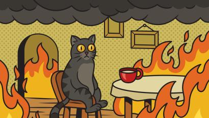 Bild: Oleksandr Pokusai/Adobe Stock
"This is fine" (Alles gut) – ein GIF und Meme Klassiker. Hier etwas anders interpretiert, mit Katze. Dieses Bild wird normalerweise verwendet, wenn alles aus dem Ruder läuft, du aber so tust, als wäre alles in Ordnung.