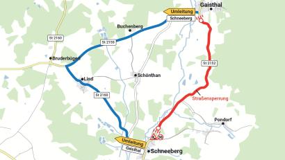 Grafik: Oberpfalz-Medien, Laura Fröhler/Quelle: Martin Paulus, Staatliches Bauamt Amberg-Sulzbach,
Ab Montag, 11. März, ist die Straße zwischen Schneeberg und Gaisthal für drei Tage gesperrt. Die Umleitungsstrecke ist ausgeschildert.