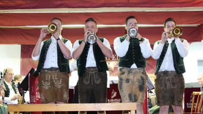 Bild: wro
Die Komposition "Egerländer Trometensterne" war einer der Höhepunkte beim Jubiläumskonzert in Falkenberg. Zu verdanken war dies ganz besonders den vier Trompeten-Solisten Christopher Prechtl, Michael Schweimer, Franz Stierstorfer und Martin Strecke (von links).
