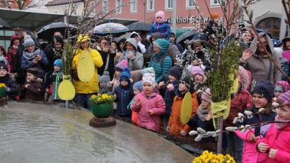 Bild: kro
Kinder aller vier Tirschenreuther Kindergärten machten beim Tanz- und Gesangsauftritt zum Lied "Hoppelhase Hans" am Osterbrunnen mit.