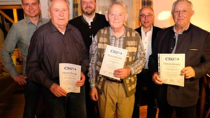 Bild: do
Mit Hans Diepold (Zweiter von links), Albert Müller (Bildmitte) und Anton Rupprecht (rechts) ehren Zweiter Bürgermeister Roland Hörl (von links), Landrat Andreas Meier und Bürgermeister Albert Nickl drei "Stützen der Partei und tragende Säulen des Gemeindelebens".