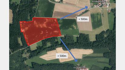 Grafik: Windpower GmbH/exb
Einen Kilometer vom Ort Altmannsberg entfernt will die Firma Windpower einen 15 Hektar großen Hybridpark errichten. Zehn Hektar davon nimmt allein die Photovoltaikanlage ein.