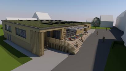 Bild: b+ Architekten / Harald Bauer
Heute wird auf der Wiese gegenüber des alten Schulhauses (rechts am Rand) im Schulgässchen gespielt, bis 2026 soll hier die neue offene Ganztagsschule entstehen.