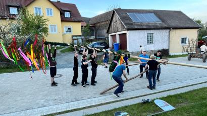 Bild: ils
Beim Aufstellen ist Muskelkraft gefragt: Die Obersdorfer hieven den Maibaum in die Höhe.