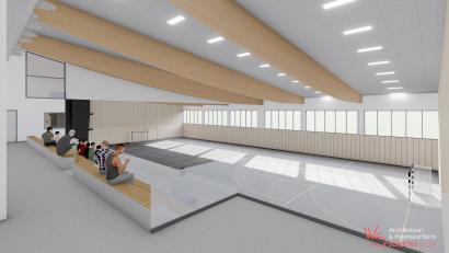Bild:  Architekturbüro Wolfgang Schultes/exb
Die Fotoanimation des Architekturbüros Schultes zeigt, wie die Mehrfachsporthalle nach der Fertigstellung einmal aussehen sollte.
