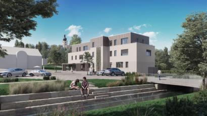 Bild: evh_architekten
Die Visusalisierung des zuständigen Architekturbüros zeigt das Bauprojekt Neue Mitte Kümmersbruck nach seiner Vollendung. In der 100 Quadratmeter großen Gewerbeeinheit im Erdgeschoss ist ein Tagescafé oder Bistro vorgesehen.