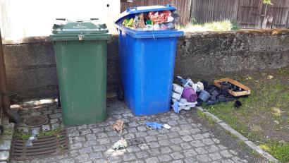 Bild: bkr
Zurückliegende Appelle der Gemeinde haben wenig Früchte getragen. Jetzt steht die Ankündigung im Raum, die beiden Müllcontainer oder zumindest den blauen zu entfernen.