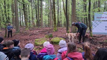 Bild: Judith Zeitler/exb
Abschluss-Rollenspiel der Förster vom Landwirtschaftsamt: Annette Schödel geht „Schwammerln“ und Martin Wittmann zeigt den richtigen Waldspaziergang mit Hund Balu.
