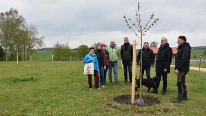 Bild: ubb
Julia Biegerl, Marion Höcht, Cornelia Schwamberger, Hermann Zierer, Herbert Schwamberger und Landrat Roland Grillmeier ließen sich anhand eines Beispiels von Baumwart Tim Kellert (von links) die Pflanzung und Pflege der jungen Obstbäume erläutern.