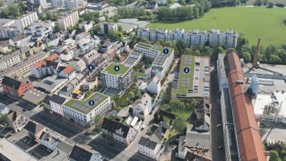 Bild: HL Immobilien Projekt 2 GmbH &amp; Co. KG
Das Landesamt für Finanzen (1), ein Parkdeck (2), ein Ärztehaus (3) und ein Wohnturm (4) entstehen in den nächsten Jahren auf dem ehemaligen Gelände der Bürgerbäu in der Bahnhofstraße. Unabhängig davon schließen mehrere Reihenhäuser (5) eine Baulücke in der Schabnerstraße.