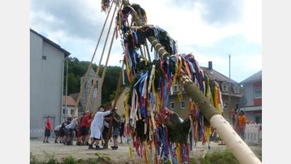 Archivbild: gw
Mit vereinten Kräften bringen die Hartmannshofer ihr Kirwa-Wahrzeichen in die Senkrechte.