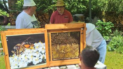 Bild: Michaela Hahn 
Siegfried Maier(links) erklärt den Aufbau einer Bienenwabe und eines Bienenvolkes