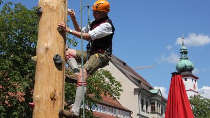 Archivbild: kro
Das Maibaum-Kraxeln ist immer eine besondere Attraktion beim Tirschenreuther Bürgerfest. Es wird auch diesmal wieder angeboten. Hier im Bild Bürgermeister Franz Stahl beim Klettern vor zwei Jahren.
