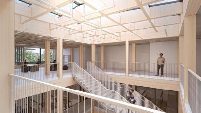 Bild: BFK Architekten und .atelier coa/exb
Hell, freundlich, mit viel Holz: So könnte es in der neuerbauten Grund- und Mittelschule in Windischeschenbach einmal aussehen.