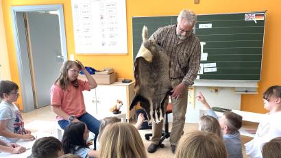 Bild: no
Buchautor Roland Bock mit einem Tierfell bei der Preisverleihung in der Kombiklasse 3/4 der Grundschule Illschwang.