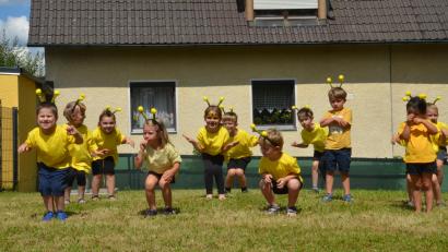 Bild: dob
"Guck mal diese Biene da" singen die Mädchen und Buben des städtischen Kindergartens Roggenstein beim Sommerfest.