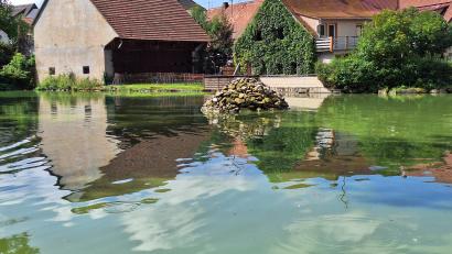 Bild: bey
Der Springbrunnen soll mit verkürzten Pausenintervallen zur Anreicherung des Wassers im Pleysteiner Stadtweiher mit Sauerstoff beitragen. Damit will die Stadt die Gefahr eines weiteren Fischsterbens in den warmen Sommermonaten verringern.