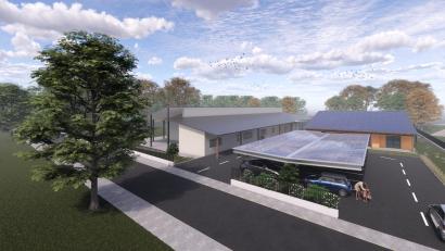 Bild: Architekturbüro Naumann
Die Animation zeigt den Erweiterungsbau des Kindergarten St. Martin (orange dargestellt). Die überdachten Parkplätze im Innenhof fallen dem Rotstift zum Opfer.