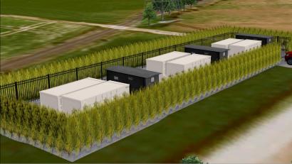 Grafik: Green Flexibility/exb
Eine Batteriespeicher-Anlage wird in Mitterteich an der Ludwig-Erhard-Straße errichtet. Im Bild eine Beispielvisualisierung für ein Projekt in einer vergleichbaren Größenordnung. Das Vorhaben in Mitterteich wird noch drei Container mehr umfassen, die auch farblich anders gestaltet sind.