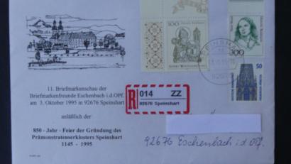 Bild: rn
Gedenkumschlag 11. Briefmarkenschau anläßlich 850-Jahr-Feier Kloster Speinshart: Brief mit Einschreibzettel Speinshart