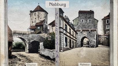 Bild: Archiv Raphael Haubelt/exb
Obertor und Mähntor in Nabburg gemeinsam auf einer nachkolorierten Postkarte aus den 1920er Jahren.