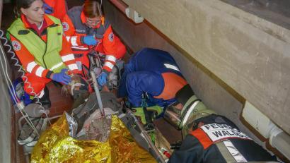 Bild: flm
Mit einer elektrischen Säbelsäge durchtrennten Feuerwehrleute die Eisenstange unter dem "Patienten" (in diesem Fall eine Puppe), nur so konnte dieser befreit werden. Dabei war Fingerspitzengefühl gefragt.