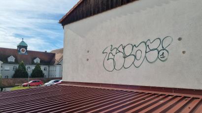 Bild: kaz
Mit grüner Farbe hat ein bislang unbekannter Täter ein Gebäude des Landratsamts in der Johannisstraße beschmiert.