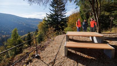 Bild: Martin Hertel/exb
Winfried Pfahler, Leiter des Forstbetriebs Fichtelberg, begutachtete gemeinsam mit Florian Vogler vom AELF Bayreuth-Münchberg und Revierleiter Christoph Mende (von links) den erneuerten Aussichtspunkt „Zwei-Täler-Blick“ bei Zainhammer im Steinachtal.