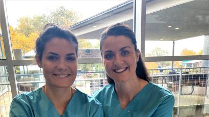 Bild: Klinikum Fichtelgebirge/Peggy Kuniss-Pfeiffer/exb
Natalie Grillmeier und Fabienne Fürst aus dem Hebammenteam der Frauenklinik freuten sich über das große Interesse der Besucherinnen und Besucher.