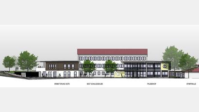 Bild: Planverfasser Architekturbüro Schöberl
Neue Ansichten vom Parksteiner Schulgebäude. In der bestehenden Schule wird der Hausmeistertrakt umgebaut und in Fortsetzung ein neuer Anbau mit Mensa und Mehrzweckraum für die Schülerbetreuung der Offenen Ganztagsschule geplant. Der Vorentwurf von Architekt Josef Schöberl zeigt die Südansicht mit dem Anbau (links).