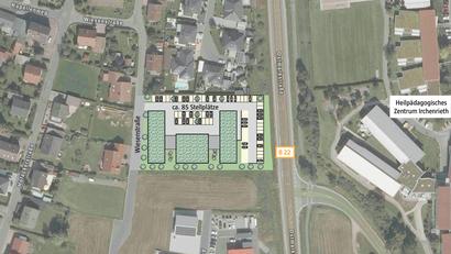 Bildmontage: Architekturbüro Theo Nutz
Das geplante Pflege- und Gesundheitszentrum Oberpfalz-Nord in Irchenrieth liegt direkt an der Bundesstraße 22.