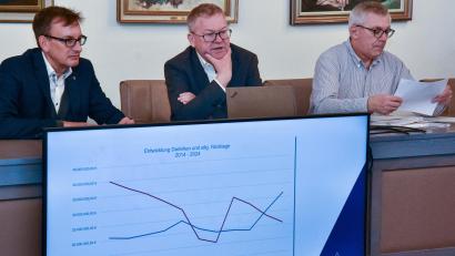 Bild: Stephan Huber
So haben sich Schuldenstand (rote Linie) und Rücklagen (blaue Linie) der Stadt Amberg in den vergangenen Jahren entwickelt. Oberbürgermeister Michael Cerny (Zweiter von links) und Stadtkämmerer Jens Wein (links) sowie Josef Weigert aus der Kämmerei bekommen beim Blick in die Zukunft Sorgenfalten.