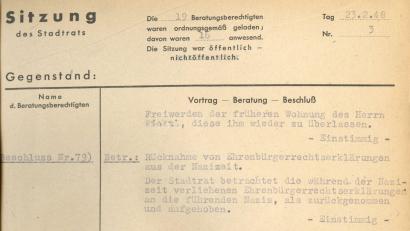 Bild: Stadtarchiv Schwandorf/exb
Schon 1948 wurde Adolf Hitler und anderen Nazigrößen die Ehrenbürgerwürde der Stadt Schwandorf aberkannt, wie aus einem Protokoll hervorgeht.