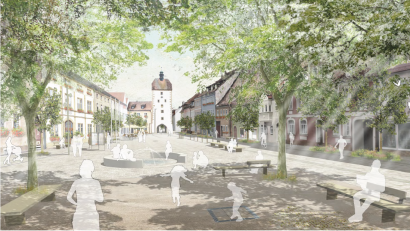 Grafik: Planungsbüro Holl-Wieden aus Würzburg
In dieser Entwurfsansicht mit Blick Richtung Vogelturm sieht man in etwa die neue Gestaltung des Marktplatzes.