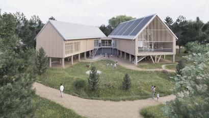 Bild: Staatliches Bauamt Bayreuth/exb
Die Visualisierung des Staatlichen Bauamts Bayreuth zeigt die Rückseite mit Innenhof des geplanten Walderlebniszentrums bei Mehlmeisel.