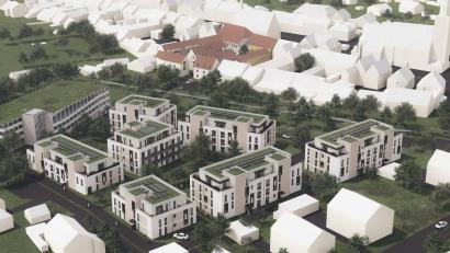 Grafik: W. Markgraf GmbH &amp; Co KG
So soll die Wohnanlage einmal aussehen. Blickrichtung von Nordwesten auf die Altstadt mit Kirche (rechts oben) und Rathaus (oben Mitte).