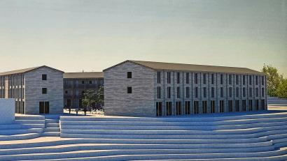 Grafik: TU Dortmund/exb
So sieht der Siegerentwurf des Ideenwettbewerbs für das neue Wohnheim für den Steincampus Wunsiedel aus. Dass er genau so verwirklicht wird, ist aber unwahrscheinlich.