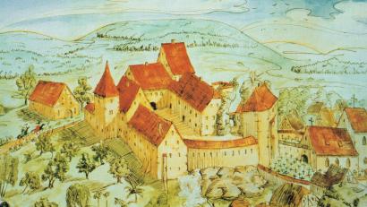 Bild: Archiv Heidi Kurz
Eine Zeichnung aus dem 16. Jahrhundert zeigt, wie die Burg Königstein einmal ausgesehen hat. Der Grundriss, das Turmuntergeschoß und einige Gebäude stehen noch