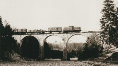Bild: Archiv Franz Mädler
Ein historisches Foto zeigt einen Güterzug, der gerade über die Hoibrücke fährt.