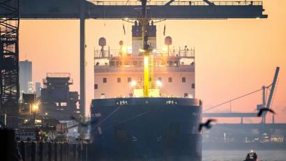 Bild: Sina Schuldt/dpa
Das Spezialschiff „Pacific Grebe“ mit sieben Castor-Behältern an Bord legt im Hafen an.