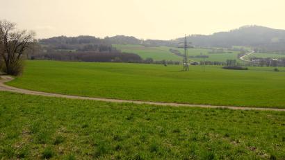 Bild: bkr
Auf den grünen Wiesen soll künftig Solarstrom erzeugt werden. Eine über den geplanten Energiepark führende 110-KV-Leitung begünstigt das Vorhaben.