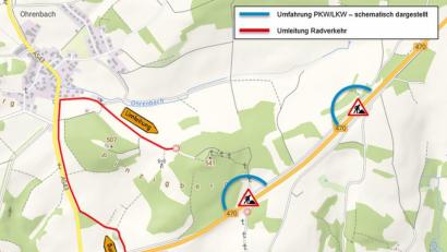 Grafik: Staatliches Bauamt Amberg-Sulzbach
Die Verkehrslenkung während des Neubaus der beiden Brücken über die B470 im Stadtgebiet von Auerbach.