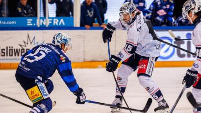 Bild: Werner Moller
Fabian Voit (Mitte) scheiterte mit diesem Abschluss an Janick Schwendener im Tor der Dresdner Eislöwen. Am zweiten Weihnachtsfeiertag unterlagen die Blue Devils Weiden in Sachsen knapp mit 3:4.