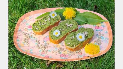Bild: Birgit Nirschl (exb)
Ein wahrer Frühlingsgruß: Cremiger Bärlauchaufstrich, serviert auf knusprigem Brot und garniert mit Sonnenblumenkernen und frischen Gänseblümchen. Ein Genuss für Augen und Gaumen!