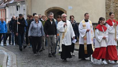 Bild: gf
Am Sonntag pilgerten die Gläubigen der Amberger Pfarreien (das Bild zeigt Gläubige aus der Pfarrei St. Martin) betend hinauf zum Gnadenbild der Gottesmutter in der Bergkirche, um das Pestgelübde aus dem Jahr 1634 zu erfüllen.