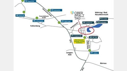 Grafik: Thomas Harmsen/Oberpfalz Marketing
Diese Parkplätze stehen während des Oberpfalztages als kostenlose Parkflächen bereit.