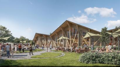 Bild[M]: inMotion PARK GmbH/exb
Die Simulation zeigt den Entwurf für die Markt- und Indoorhalle nahe der Holzkugel am Steinberger See.