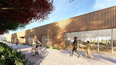 Bild: Stephanie Stelzl/Architektur- und Ingenieurbüro Schultes GmbH/exb
Diese Visualisierung zeigt den Außenbereich der Offenen Ganztagsschule in Speichersdorf.