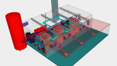 Bild: Planungsbüro Schredl
Das Bild visualisiert das künftige Heizhaus: Links im Bild ist der Pufferspeicher (rot), in der Mitte sind die drei Heizkessel, im vorderen Bereich die Federarme, die Hackschnitzel in die Kessel transportieren, im hinteren Bereich sind drei Kamine (türkis). Die roten und blauen Leitungen zeigen die Leitungen, die Wärme in das Nahwärmenetz speisen.