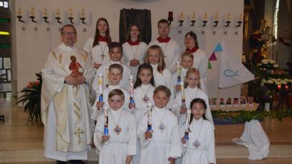 Bild: swo
Die neun Erstkommunionkinder der Pfarrei Gebenbach mit Pfarrvikar Christian Preitschaft (links hinten) und den Ministranten